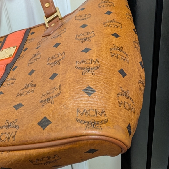 MCM Cognac Logo-Print Limited Ed Tote with Coral Stripe - Picture 5 of 8
